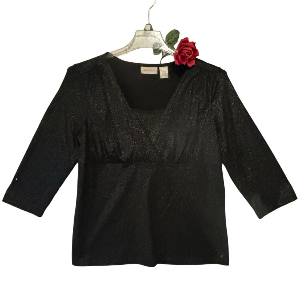 Babydoll top glitter Studio Works Black LG 3/4 Sleeves Peplum NWOT